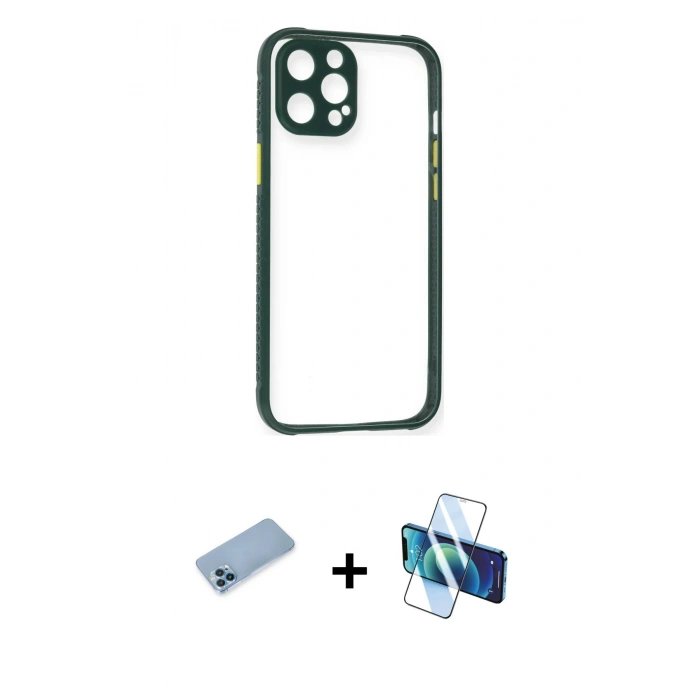 MARSİLYAN™- iPhone 12 Pro Kılıf Nova Asil Özel Seri - Siyah 3D Antistatik Cam Ekran Koruyucu + Shine Kamera Lens Koruma Cam - MI