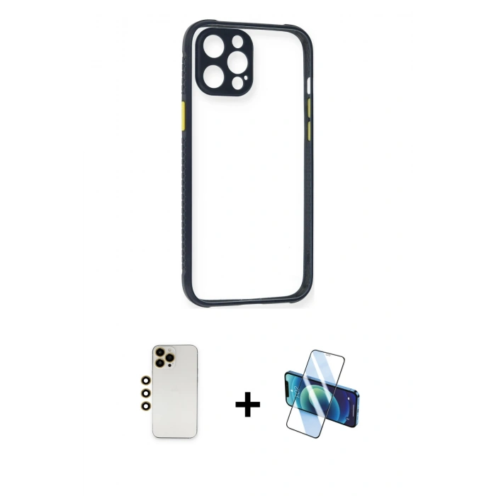 MARSİLYAN™- iPhone 12 Pro Kılıf Nova Asil Özel Seri - Siyah 3D Antistatik Cam Ekran Koruyucu + Shine Kamera Lens - GD