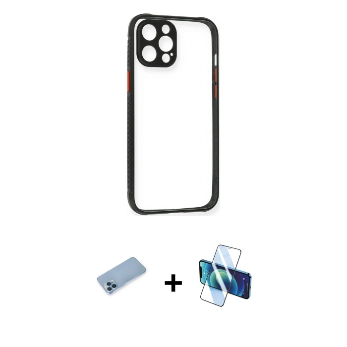 MARSİLYAN™- iPhone 12 Pro Kılıf Nova Asil Özel Seri - Siyah 3D Antistatik Cam Ekran Koruyucu + Shine Kamera Lens Koruma Cam - MI