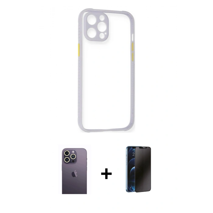 MARSİLYAN™- iPhone 12 Pro Kılıf Nova Asil Özel Seri - Siyah 3D Antistatik Hayalet Cam Ekran Koruyucu + Beyaz Neon Fosforlu Kamera Lens