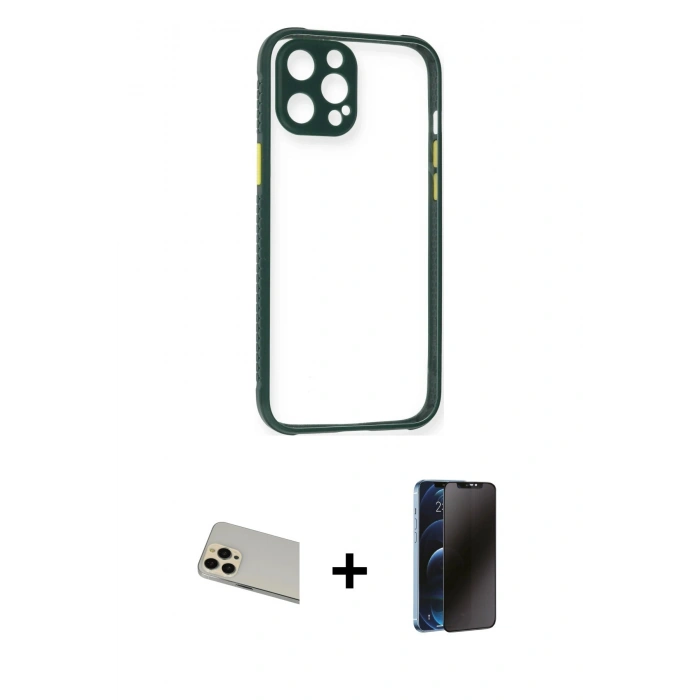 MARSİLYAN™- iPhone 12 Pro Kılıf Nova Asil Özel Seri - Siyah 3D Antistatik Hayalet Cam Ekran Koruyucu + Rainbow Kamera Lens Koruma Cam - GD