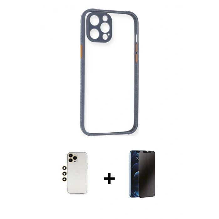MARSİLYAN™- iPhone 12 Pro Kılıf Nova Asil Özel Seri - Siyah 3D Antistatik Hayalet Cam Ekran Koruyucu + Shine Kamera Lens - GD