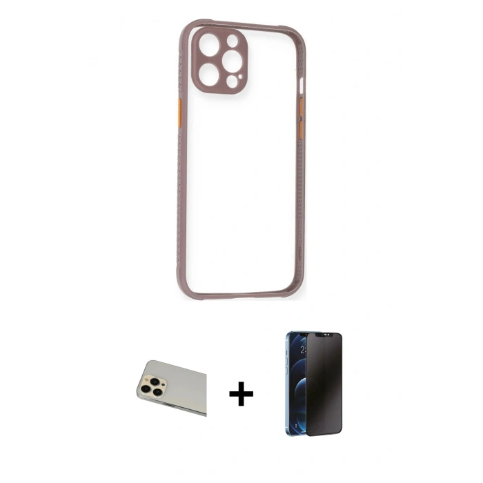 MARSİLYAN™- iPhone 12 Pro Kılıf Nova Asil Özel Seri - Siyah 3D Antistatik Hayalet Cam Ekran Koruyucu + Rainbow Kamera Lens Koruma Cam - GD