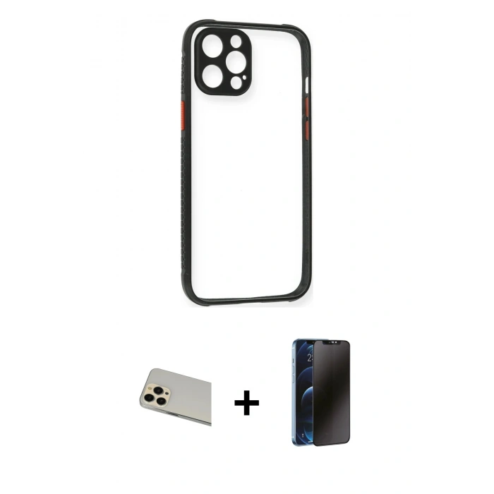 MARSİLYAN™- iPhone 12 Pro Kılıf Nova Asil Özel Seri - Siyah 3D Antistatik Hayalet Cam Ekran Koruyucu + Rainbow Kamera Lens Koruma Cam - GD