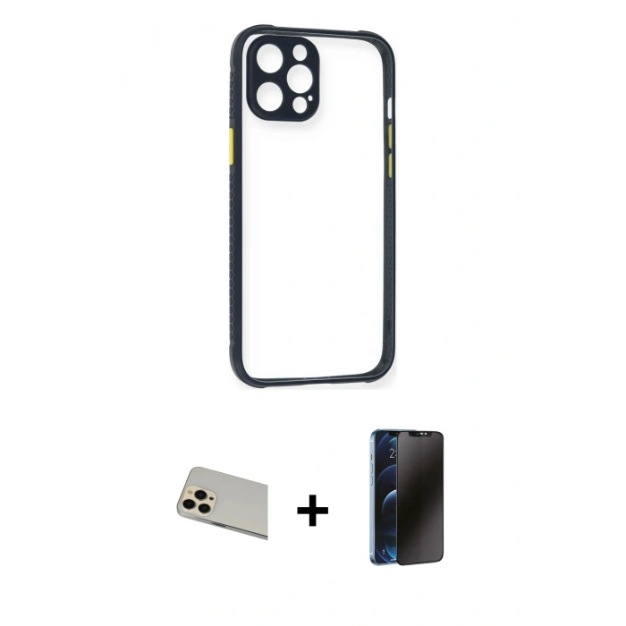 MARSİLYAN™- iPhone 12 Pro Kılıf Nova Asil Özel Seri - Siyah 3D Antistatik Hayalet Cam Ekran Koruyucu + Rainbow Kamera Lens Koruma Cam - GD