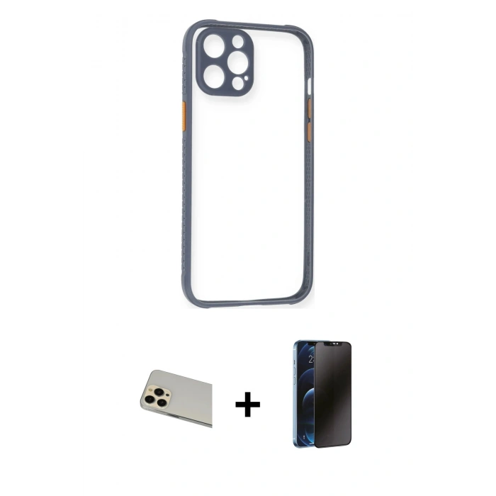 MARSİLYAN™- iPhone 12 Pro Kılıf Nova Asil Özel Seri - Siyah 3D Antistatik Hayalet Cam Ekran Koruyucu + Rainbow Kamera Lens Koruma Cam - GD