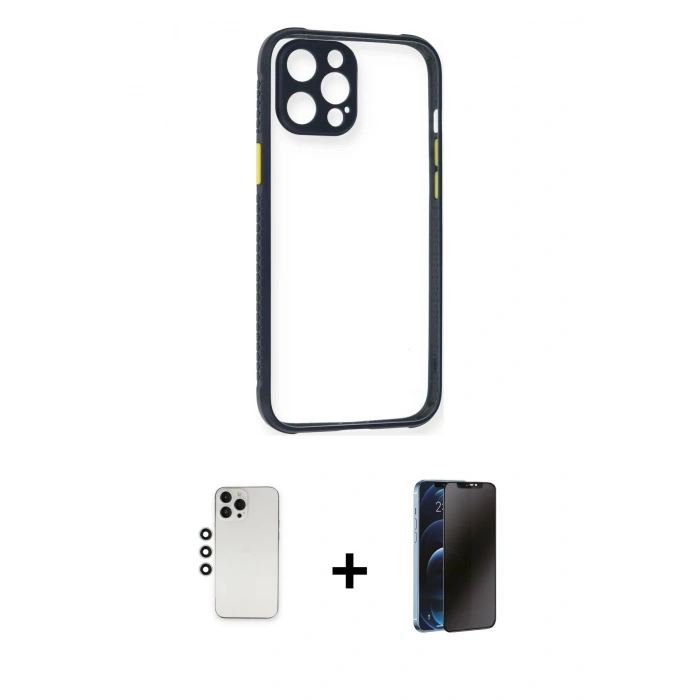 MARSİLYAN™- iPhone 12 Pro Kılıf Nova Asil Özel Seri - Siyah 3D Antistatik Hayalet Cam Ekran Koruyucu + Gümüş Shine Kamera Lens