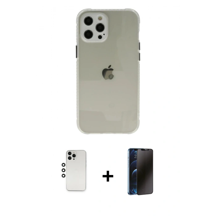 MARSİLYAN™- iPhone 12 Pro Kılıf Nova Asil Özel Seri - Siyah 3D Antistatik Hayalet Cam Ekran Koruyucu + Gümüş Shine Kamera Lens