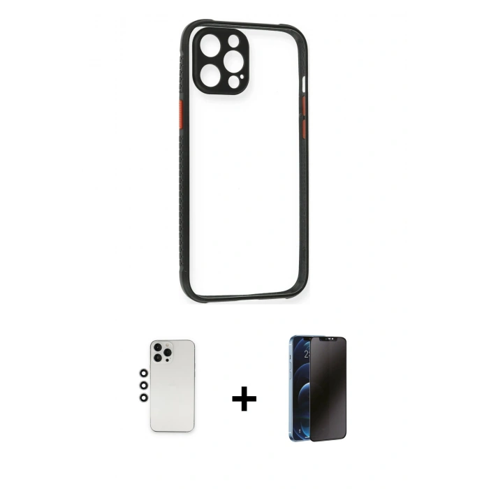 MARSİLYAN™- iPhone 12 Pro Kılıf Nova Asil Özel Seri - Siyah 3D Antistatik Hayalet Cam Ekran Koruyucu + Gümüş Shine Kamera Lens