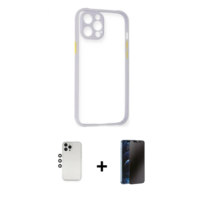 MARSİLYAN™- iPhone 12 Pro Kılıf Nova Asil Özel Seri - Siyah 3D Antistatik Hayalet Cam Ekran Koruyucu + Gümüş Shine Kamera Lens
