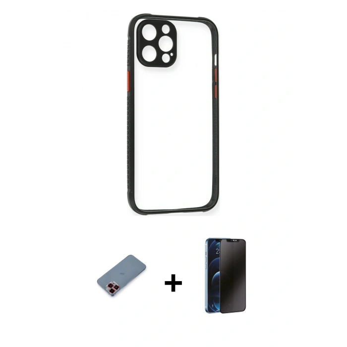 MARSİLYAN™- iPhone 12 Pro Kılıf Nova Asil Özel Seri - Siyah 3D Antistatik Hayalet Cam Ekran Koruyucu + Metal Kamera Lens Koruma Cam - KI