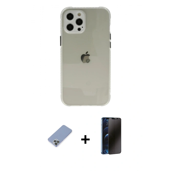MARSİLYAN™- iPhone 12 Pro Kılıf Nova Asil Özel Seri - Siyah 3D Antistatik Hayalet Cam Ekran Koruyucu + Metal Kamera Lens Koruma Cam - KUYL