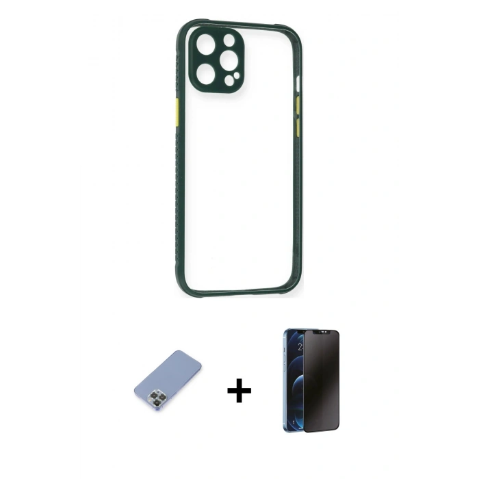 MARSİLYAN™- iPhone 12 Pro Kılıf Nova Asil Özel Seri - Siyah 3D Antistatik Hayalet Cam Ekran Koruyucu + Metal Kamera Lens Koruma Cam - KUYL