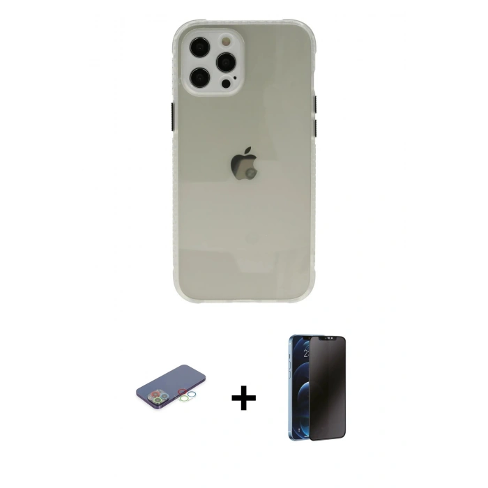 MARSİLYAN™- iPhone 12 Pro Kılıf Nova Asil Özel Seri - Siyah 3D Antistatik Hayalet Cam Ekran Koruyucu + Renkli Kamera Lens Koruma Cam - MI