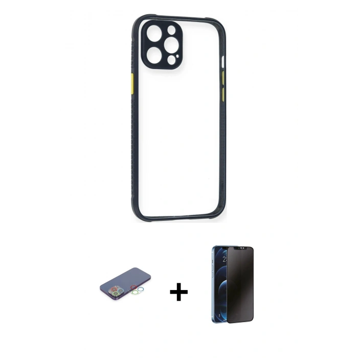 MARSİLYAN™- iPhone 12 Pro Kılıf Nova Asil Özel Seri - Siyah 3D Antistatik Hayalet Cam Ekran Koruyucu + Renkli Kamera Lens Koruma Cam - MI