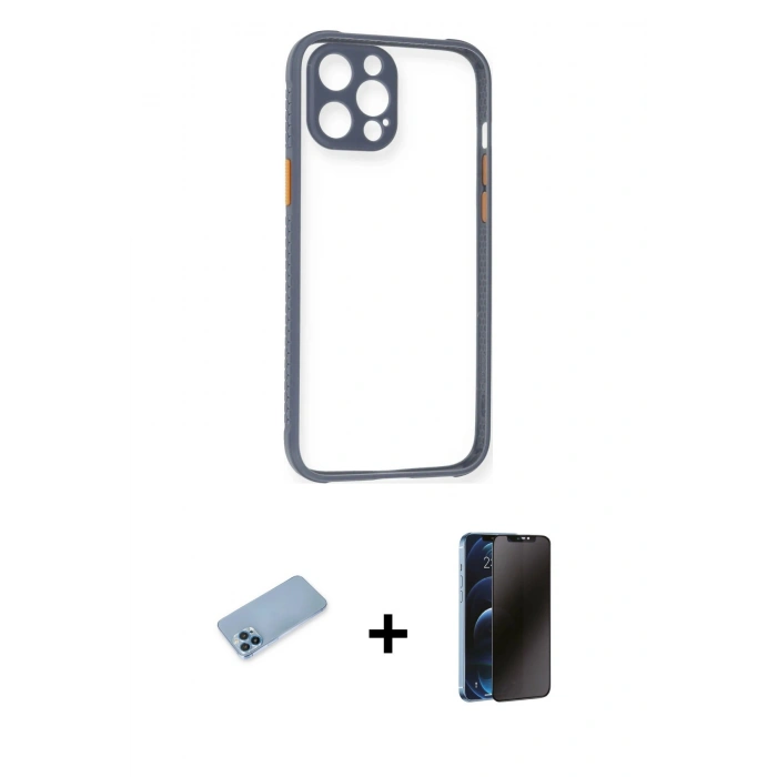 MARSİLYAN™- iPhone 12 Pro Kılıf Nova Asil Özel Seri - Siyah 3D Antistatik Hayalet Cam Ekran Koruyucu + Mavi Shine Kamera Lens Koruma Cam