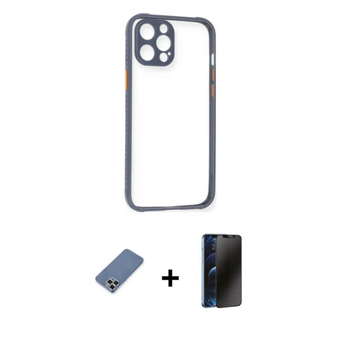 MARSİLYAN™- iPhone 12 Pro Kılıf Nova Asil Özel Seri - Siyah 3D Antistatik Hayalet Cam Ekran Koruyucu + Metal Kamera Lens Koruma Cam - AKYL