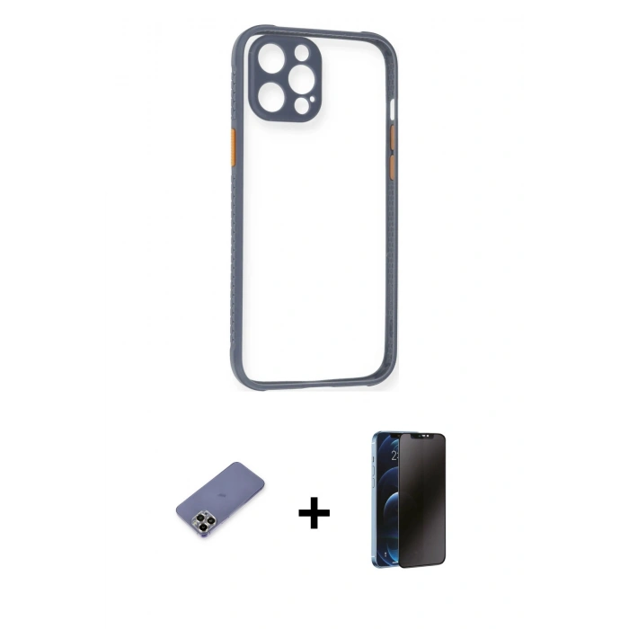 MARSİLYAN™- iPhone 12 Pro Kılıf Nova Asil Özel Seri - Siyah 3D Antistatik Hayalet Cam Ekran Koruyucu + Metal Kamera Lens Koruma Cam - GD