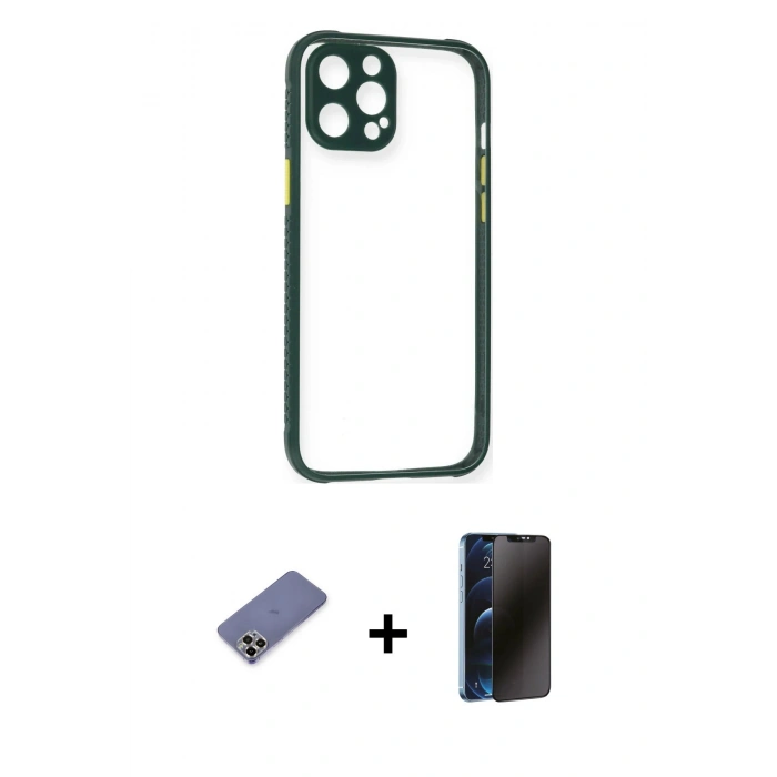 MARSİLYAN™- iPhone 12 Pro Kılıf Nova Asil Özel Seri - Siyah 3D Antistatik Hayalet Cam Ekran Koruyucu + Metal Kamera Lens Koruma Cam - GD