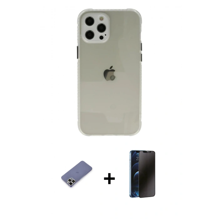 MARSİLYAN™- iPhone 12 Pro Kılıf Nova Asil Özel Seri - Siyah 3D Antistatik Hayalet Cam Ekran Koruyucu + Metal Kamera Lens Koruma Cam - GD