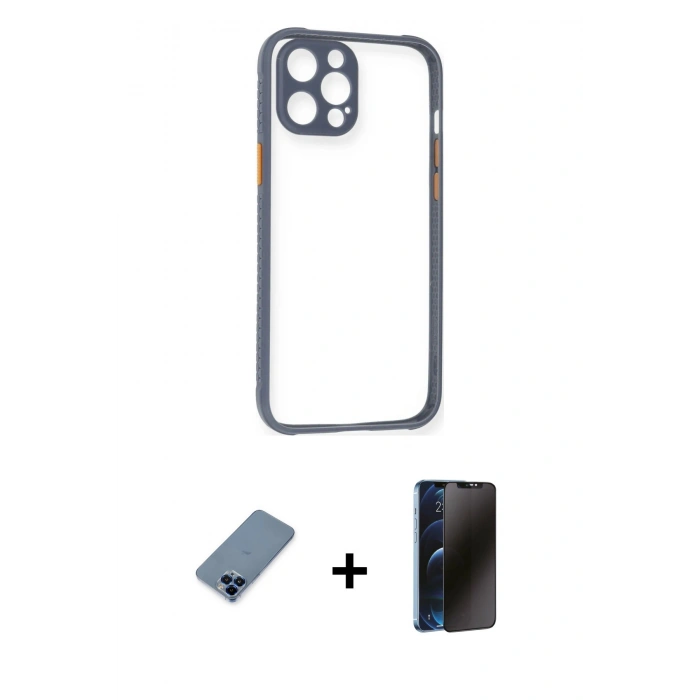 MARSİLYAN™- iPhone 12 Pro Kılıf Nova Asil Özel Seri - Siyah 3D Antistatik Hayalet Cam Ekran Koruyucu + Metal Kamera Lens Koruma Cam - MI