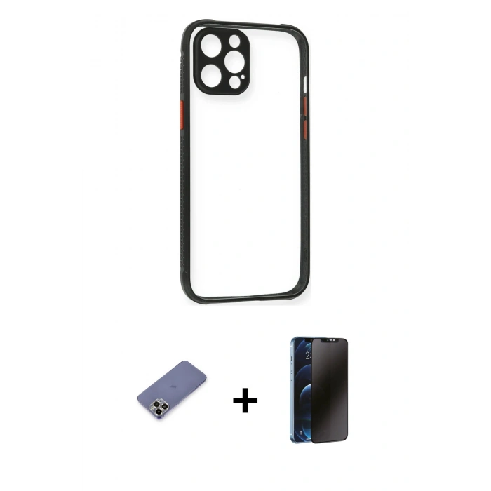 MARSİLYAN™- iPhone 12 Pro Kılıf Nova Asil Özel Seri - Siyah 3D Antistatik Hayalet Cam Ekran Koruyucu + Metal Kamera Lens Koruma Cam - GD