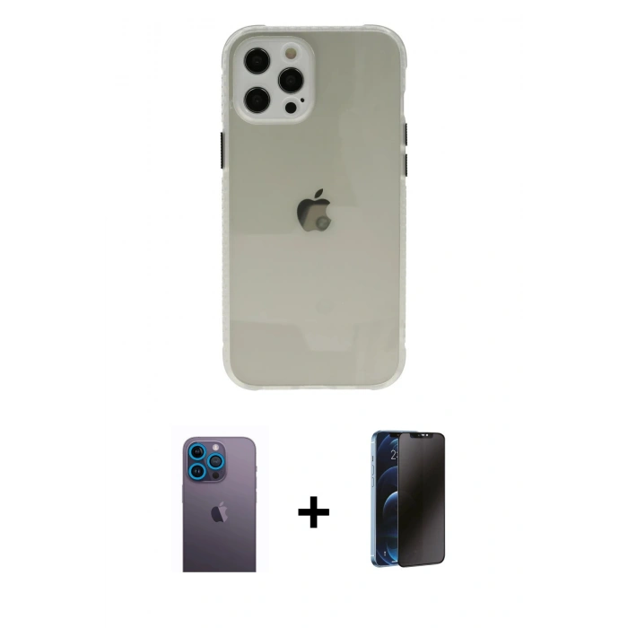 MARSİLYAN™- iPhone 12 Pro Kılıf Nova Asil Özel Seri - Siyah 3D Antistatik Hayalet Cam Ekran Koruyucu + Neon Fosforlu Kamera Lens - MI