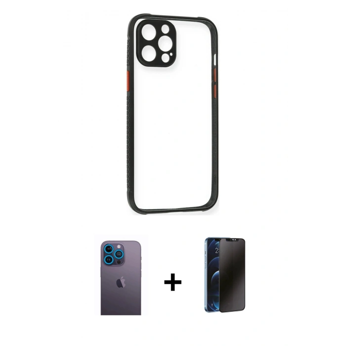 MARSİLYAN™- iPhone 12 Pro Kılıf Nova Asil Özel Seri - Siyah 3D Antistatik Hayalet Cam Ekran Koruyucu + Neon Fosforlu Kamera Lens - MI