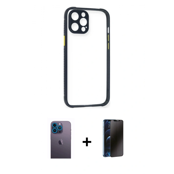 MARSİLYAN™- iPhone 12 Pro Kılıf Nova Asil Özel Seri - Siyah 3D Antistatik Hayalet Cam Ekran Koruyucu + Neon Fosforlu Kamera Lens - MI
