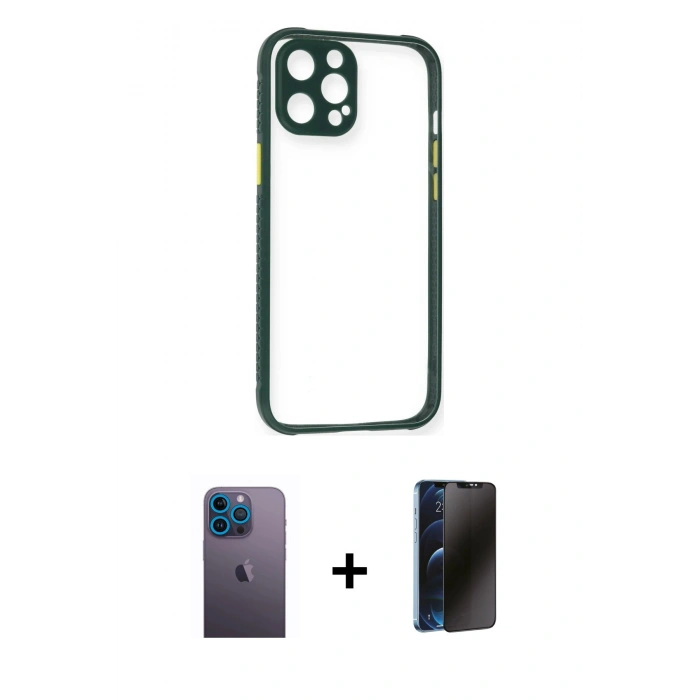 MARSİLYAN™- iPhone 12 Pro Kılıf Nova Asil Özel Seri - Siyah 3D Antistatik Hayalet Cam Ekran Koruyucu + Neon Fosforlu Kamera Lens - MI
