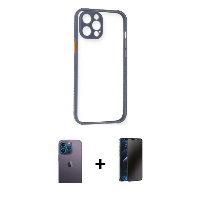 MARSİLYAN™- iPhone 12 Pro Kılıf Nova Asil Özel Seri - Siyah 3D Antistatik Hayalet Cam Ekran Koruyucu + Neon Fosforlu Kamera Lens - MI