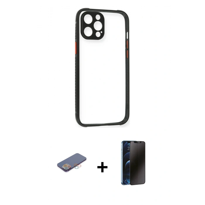 MARSİLYAN™- iPhone 12 Pro Kılıf Nova Asil Özel Seri - Siyah 3D Antistatik Hayalet Cam Ekran Koruyucu + Renkli Kamera Lens Koruma Cam - PE
