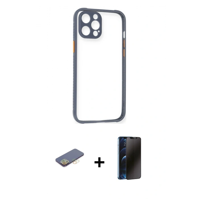 MARSİLYAN™- iPhone 12 Pro Kılıf Nova Asil Özel Seri - Siyah 3D Antistatik Hayalet Cam Ekran Koruyucu + Renkli Kamera Lens Koruma Cam - SI