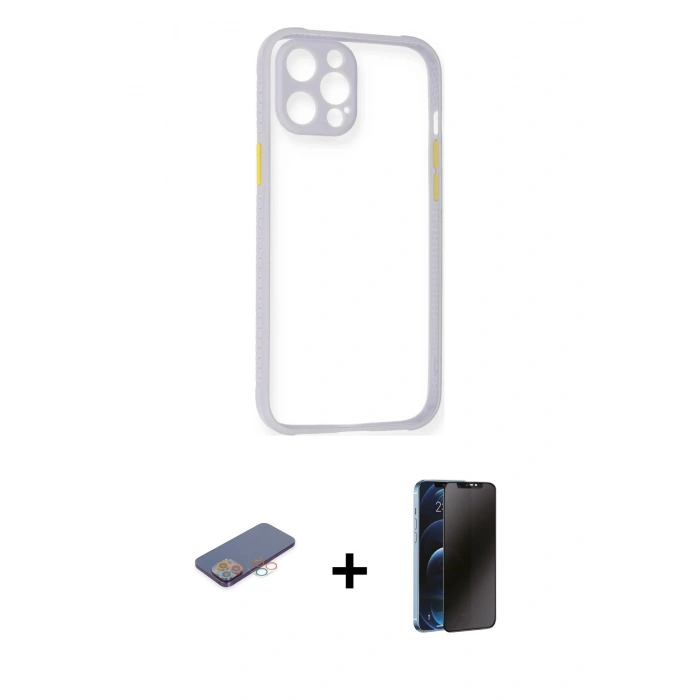 MARSİLYAN™- iPhone 12 Pro Kılıf Nova Asil Özel Seri - Siyah 3D Antistatik Hayalet Cam Ekran Koruyucu + Renkli Kamera Lens Koruma Cam - PE