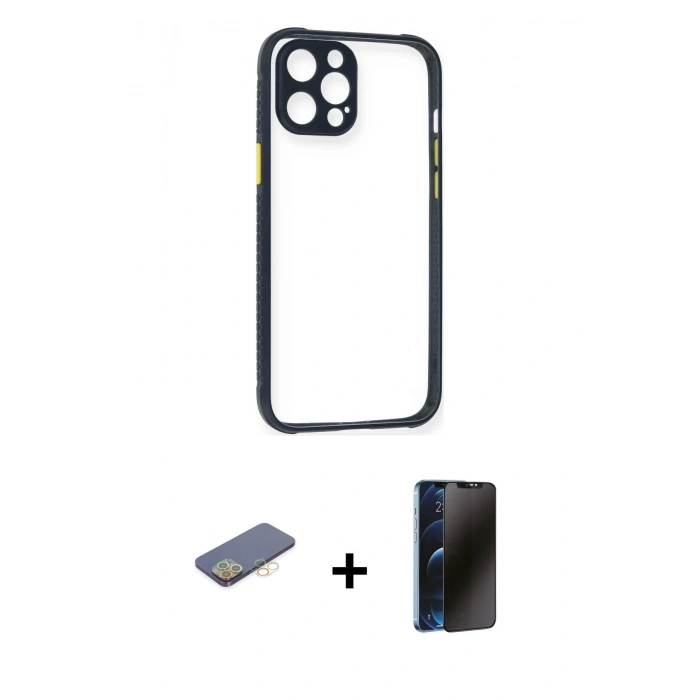 MARSİLYAN™- iPhone 12 Pro Kılıf Nova Asil Özel Seri - Siyah 3D Antistatik Hayalet Cam Ekran Koruyucu + Renkli Kamera Lens Koruma Cam - SI