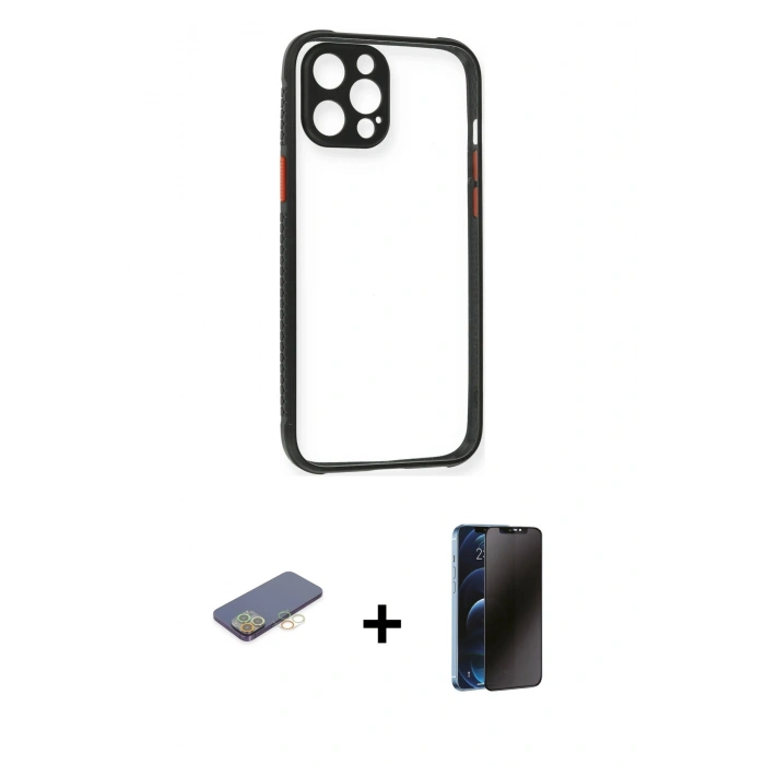 MARSİLYAN™- iPhone 12 Pro Kılıf Nova Asil Özel Seri - Siyah 3D Antistatik Hayalet Cam Ekran Koruyucu + Renkli Kamera Lens Koruma Cam - SI