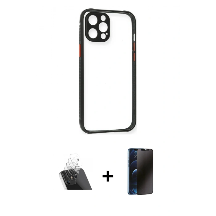 MARSİLYAN™- iPhone 12 Pro Kılıf Nova Asil Özel Seri - Siyah 3D Antistatik Hayalet Cam Ekran Koruyucu + Kamera Lens Koruma Cam - SF