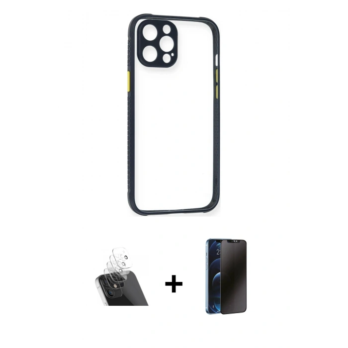 MARSİLYAN™- iPhone 12 Pro Kılıf Nova Asil Özel Seri - Siyah 3D Antistatik Hayalet Cam Ekran Koruyucu + Kamera Lens Koruma Cam - SF