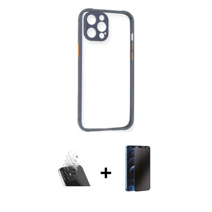 MARSİLYAN™- iPhone 12 Pro Kılıf Nova Asil Özel Seri - Siyah 3D Antistatik Hayalet Cam Ekran Koruyucu + Kamera Lens Koruma Cam - SF