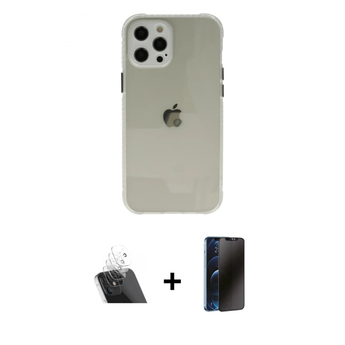 MARSİLYAN™- iPhone 12 Pro Kılıf Nova Asil Özel Seri - Siyah 3D Antistatik Hayalet Cam Ekran Koruyucu + Kamera Lens Koruma Cam - SF