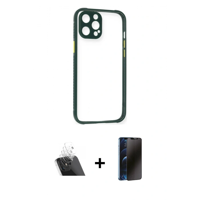MARSİLYAN™- iPhone 12 Pro Kılıf Nova Asil Özel Seri - Siyah 3D Antistatik Hayalet Cam Ekran Koruyucu + Kamera Lens Koruma Cam - SF