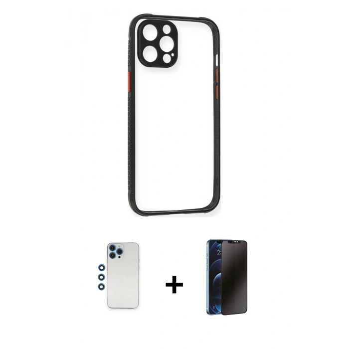 MARSİLYAN™- iPhone 12 Pro Kılıf Nova Asil Özel Seri - Siyah 3D Antistatik Hayalet Cam Ekran Koruyucu + Shine Kamera Lens - MI