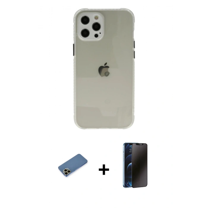 MARSİLYAN™- iPhone 12 Pro Kılıf Nova Asil Özel Seri - Siyah 3D Antistatik Hayalet Cam Ekran Koruyucu + Shine Kamera Lens Koruma Cam - GD