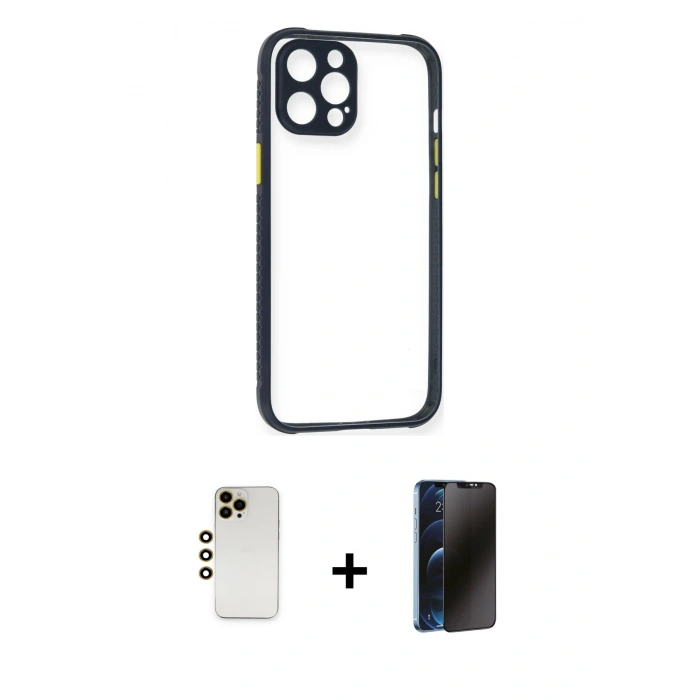 MARSİLYAN™- iPhone 12 Pro Kılıf Nova Asil Özel Seri - Siyah 3D Antistatik Hayalet Cam Ekran Koruyucu + Shine Kamera Lens - GD