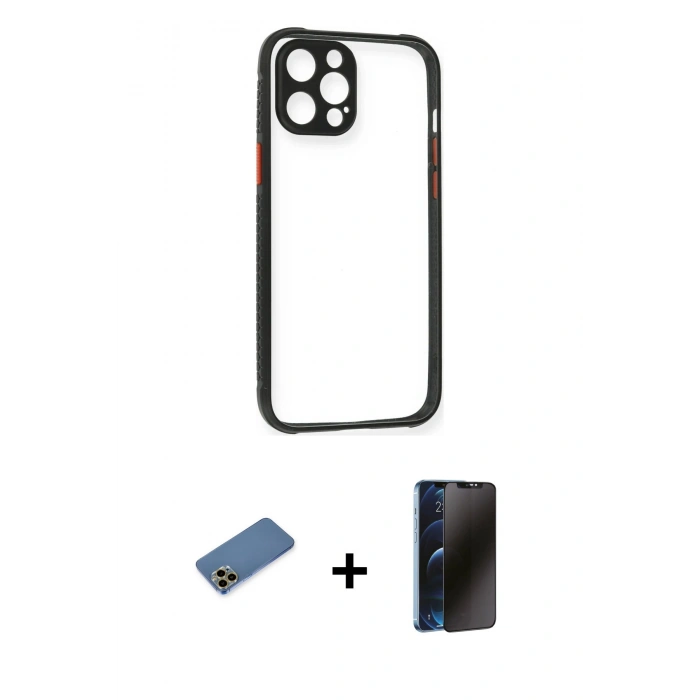 MARSİLYAN™- iPhone 12 Pro Kılıf Nova Asil Özel Seri - Siyah 3D Antistatik Hayalet Cam Ekran Koruyucu + Shine Kamera Lens Koruma Cam - GD