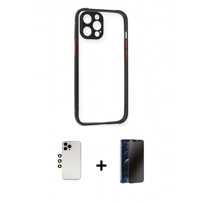 MARSİLYAN™- iPhone 12 Pro Kılıf Nova Asil Özel Seri - Siyah 3D Antistatik Hayalet Cam Ekran Koruyucu + Shine Kamera Lens - GD
