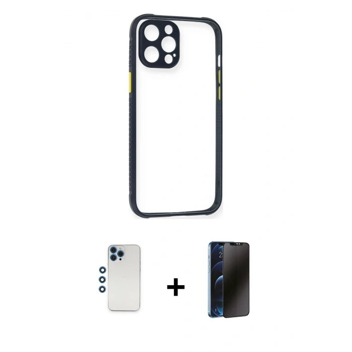 MARSİLYAN™- iPhone 12 Pro Kılıf Nova Asil Özel Seri - Siyah 3D Antistatik Hayalet Cam Ekran Koruyucu + Shine Kamera Lens - MI