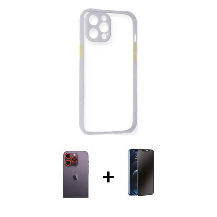 MARSİLYAN™- iPhone 12 Pro Kılıf Nova Asil Özel Seri - Siyah 3D Antistatik Hayalet Cam Ekran Koruyucu + Neon Fosforlu Kamera Lens - TU