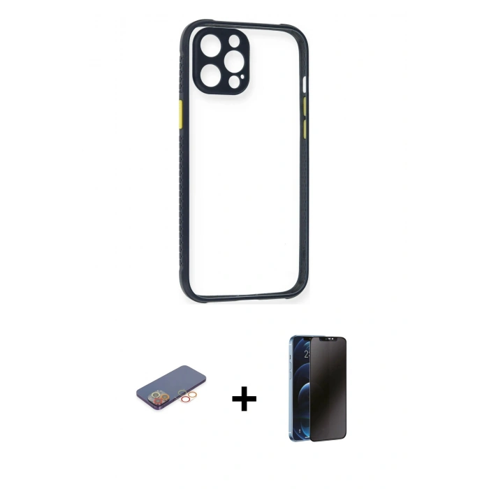 MARSİLYAN™- iPhone 12 Pro Kılıf Nova Asil Özel Seri - Siyah 3D Antistatik Hayalet Cam Ekran Koruyucu + Renkli Kamera Lens Koruma Cam - TU