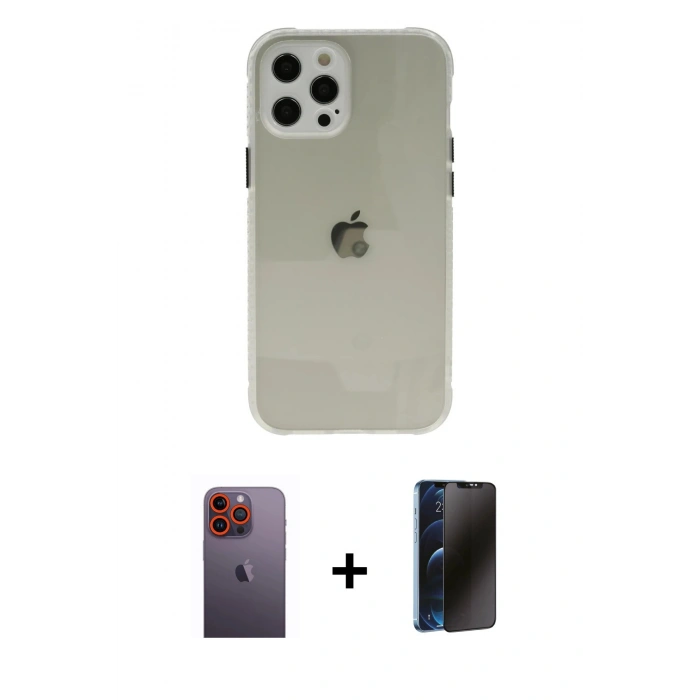 MARSİLYAN™- iPhone 12 Pro Kılıf Nova Asil Özel Seri - Siyah 3D Antistatik Hayalet Cam Ekran Koruyucu + Neon Fosforlu Kamera Lens - TU